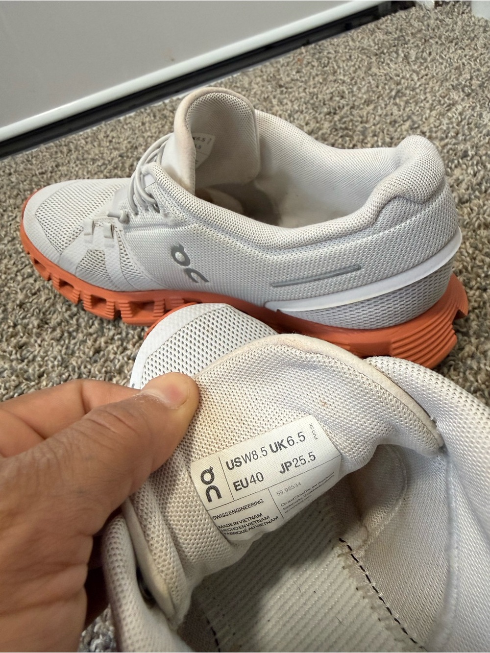 On Running Women's White and Coral Cloudsurfer Running Shoes - Picture 6 of 6